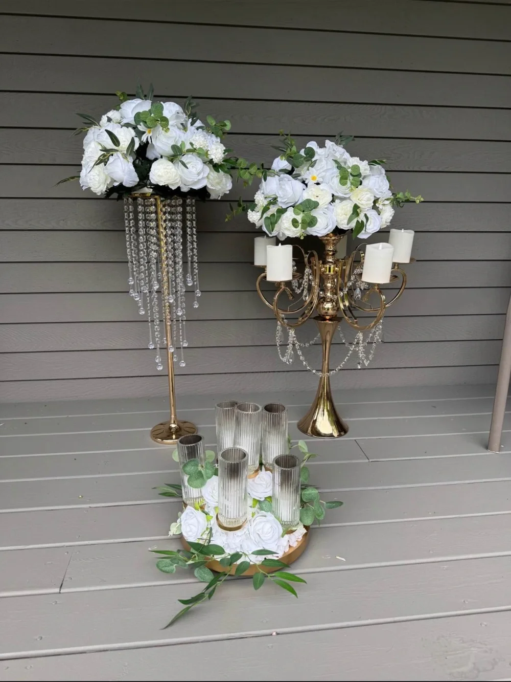 Elegant Gold Candelabra Centerpiece with White Floral Arrangement
